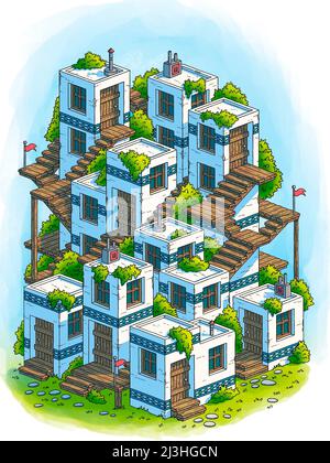 Illustration de maisons dessinées à la main, isométrique Banque D'Images