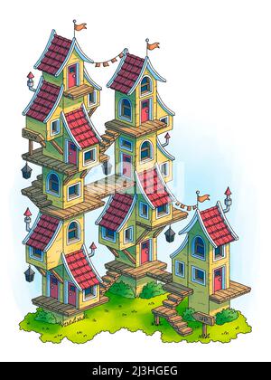 Illustration de maisons dessinées à la main, isométrique Banque D'Images