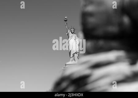 New York City, NY, Etats-Unis, touristes cherchant à la Statue de la liberté Monument national depuis le bateau de croisière, Ellis Island, vue depuis le bateau au milieu de la rivière Hudson Banque D'Images