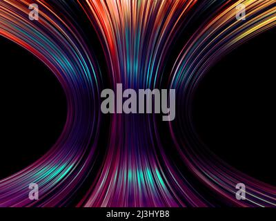 Arrière-plan abstrait avec des pistes de lumière infinies de couleurs bleu, noir, orange et rouge. Banque D'Images