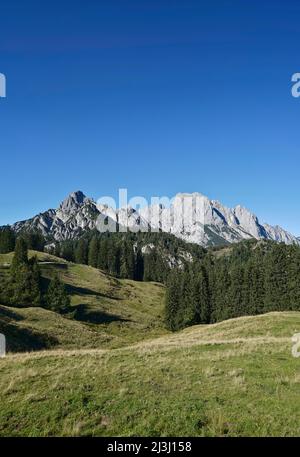 Autriche, Salzburger Land, Pinzgau, Hirschbichlpass, Litzlalmen, Vue sur l'Allemagne à la chaîne de montagnes Reiteralpe, de gauche, Gernhorn, Mühlsturzhorn Banque D'Images