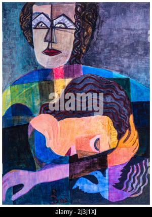 Peinture par Pia Bühler, acrylique Un homme tient une femme dans ses bras. Une colombe vole au couple. Banque D'Images