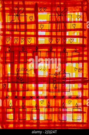 Aquarelle de Heidrun Füssenhäuser quatre paquets-cadeaux et de nombreuses bougies et petits coeurs sur un motif rouge et jaune, à damier, abstrait Banque D'Images