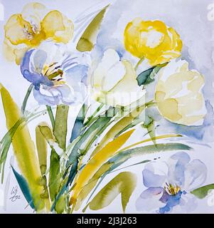 Peinture aquarelle de Waltraud Zizelmann, bouquet de tulipes, tulipes blanches, jaunes et bleues Banque D'Images