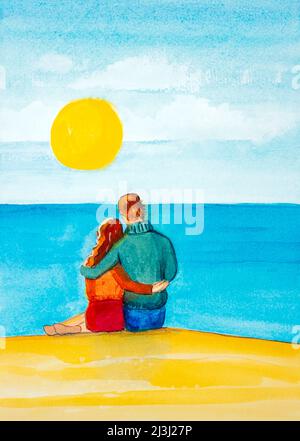 Batika aquarelle sur papier japonais par Regine Martin couple sur la plage, lever du soleil, paysage, mer, ciel Banque D'Images