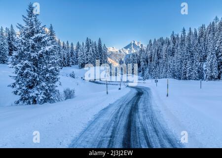 Europe, Italie, province de Belluno, la Valle Agordina, route enneigée jusqu'à Passo Duran, Dolomiti Banque D'Images