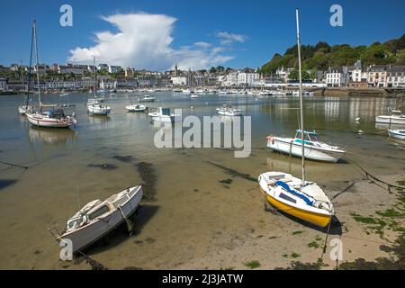 Dans le port d'Audierne, bâtiments résidentiels et commerciaux dans le quartier portuaire, France, Bretagne, département du Finistère Banque D'Images