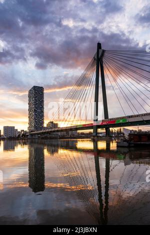 Vienne, Danube, tour 'Marina Tower', pont de métro Donaustadtbrücke, coucher de soleil, Daubel (filet de levage) bateau de pêche en 02. District de Leopoldstadt, Autriche Banque D'Images