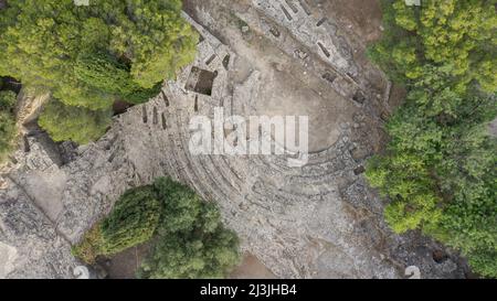 Vue aérienne de l'ancienne théather romaine, 2nd siècle, de la ville de Pollentia, à Majorque. Alcudia. Majorque, Iles Baléares, Espagne Banque D'Images