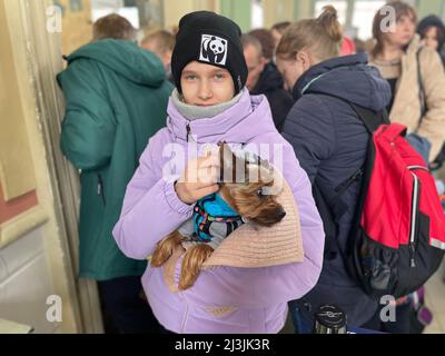 Przemysl, Pologne. 8th avril 2022. Une fille de lavande tient son adorable chien, alors que sa famille attend un train loin du règne de terreur de Poutine. Une longue file de réfugiés est derrière elle, ainsi que la gare de billetterie. (Image de crédit : © Amy Katz/ZUMA Press Wire) Banque D'Images