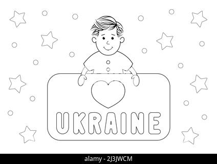 Mignon garçon montrant le soutien pour l'ukraine, page de coloriage pour les enfants et les adultes. Vous pouvez l'imprimer sur papier standard A4 Banque D'Images