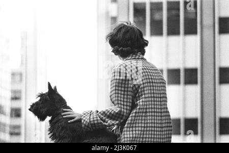 Vue arrière de la femme assise avec le Terrier écossais, New York, New York, USA, Angelo Rizzuto, Collection Anthony Angel, septembre 1961 Banque D'Images