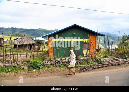 Une femme marche sur la route en passant devant des maisons dans un village rural en Éthiopie; en Éthiopie Banque D'Images