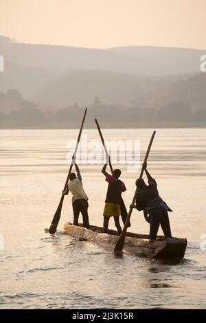 De jeunes pêcheurs congolais pagayez sur leur pirogue à travers le Zaïre.; Congo, République démocratique du Congo. Banque D'Images