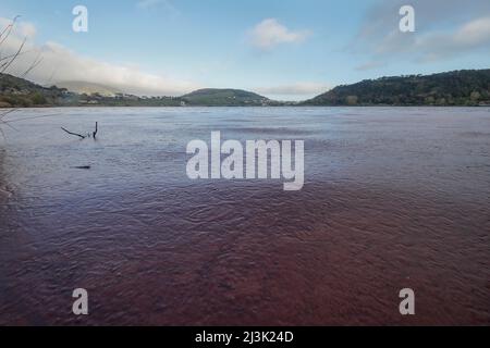 Pozzuoli, Italie. 08th avril 2022. Les eaux du lac D 'Averno, sont teintées de rouge, en raison de la floraison de quelques algues qui fleurissent en hiver ou en périodes de basses températures. Crédit : Agence photo indépendante/Alamy Live News Banque D'Images