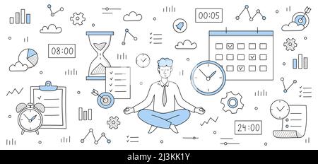 Concept de gestion du temps avec l'homme méditer dans la pose de yoga et les icônes de l'horloge, de l'équipement, de la cible et du calendrier. Illustration vectorielle de la détente d'homme d'affaires Illustration de Vecteur