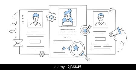 Gestion des RH, embauche d'employés, recherche de membres de l'équipe. Scénario doodle illustration avec les gens CV, en choisissant le CV des hommes et des femmes candidats à l'emploi. Illustration de Vecteur