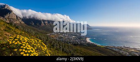 Formation de nuages créant un effet toile de table sur la chaîne de montagnes des douze Apôtres avec une vue d'ensemble de la ville du Cap et de camps Ba... Banque D'Images