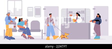 Les gens visitent la clinique vétérinaire, les propriétaires d'animaux de compagnie avec des animaux en attente dans la clinique vétérinaire s'assoient sur des chaises à l'intérieur de l'hôpital avec des chiens malades, des chats et des ra Illustration de Vecteur