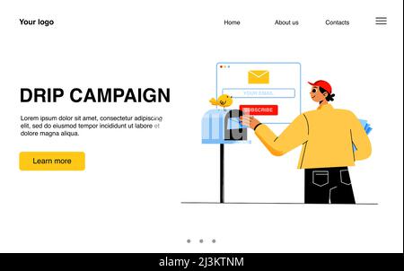 Bannière de campagne goutte à goutte. Concept de marketing par e-mail, promotion des affaires par courrier électronique. Page d'accueil Vector de la publicité numérique et de l'abonnement W Illustration de Vecteur