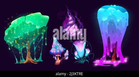 Plantes fantaisie, champignons et arbres magiques ou exotiques. Caricature éléments de nature insolite pour le jeu, livre de conte de fées, isolé belle étrange glowi Illustration de Vecteur