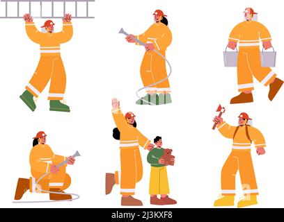 Jeu de personnages mâles et femelles de pompiers dans une échelle de maintien uniforme, un tuyau d'eau, des seaux et une hache. Groupe d'pompiers travaillant, luttant avec b Illustration de Vecteur