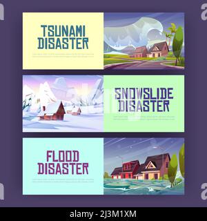 Affiches des inondations, des chutes de neige et des catastrophes du tsunami. Banderoles vectorielles de cataclysmes naturels avec illustrations de la montagne avec avalanche de neige, dans Illustration de Vecteur