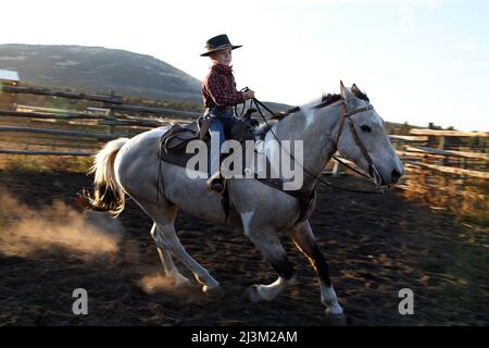 Un jeune cow-boy se promène dans une mustang ; Prineville, Oregon, États-Unis d'Amérique Banque D'Images