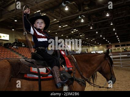 Un jeune cow-boy participe à un spectacle de chevaux sur son mustang sauvage; Reno, Nevada, États-Unis d'Amérique Banque D'Images