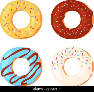 Beignets de dessins animés avec glaçage coloré. Beignets avec garniture de goût différent et saupoudrer. Dessert sucré glacé Illustration de Vecteur