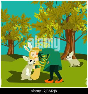 Mignon dessin animé style boho fille habillée dans le bandeau avec des oreilles de lapin dans la forêt d'érable embrassant le petit lapin ou le lapin dans son front. Vecteur illus Illustration de Vecteur