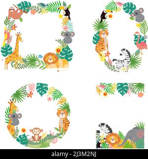 Cadre animaux de dessin animé. Feuilles de palmier tropicales vertes avec tigre, lion, girafe, koala et éléphants bordés Illustration de Vecteur