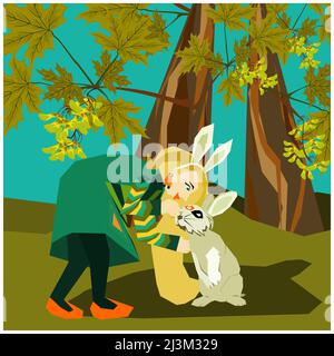 Mignon dessin animé style boho fille habillée dans le bandeau avec des oreilles de lapin dans la forêt d'érable embrassant le petit lapin ou le lapin dans son front. Vecteur illus Illustration de Vecteur