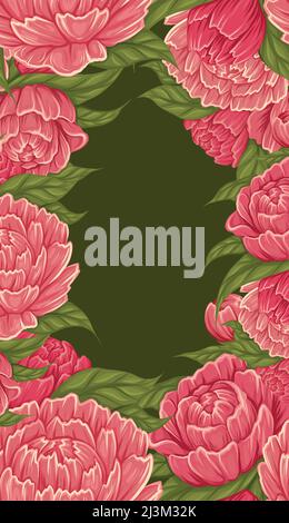 Cadre rectangulaire vectoriel avec buisson de fleurs de pivoine avec feuillage et espace de copie sur fond vert. Bordure naturelle avec bouquet floral Illustration de Vecteur