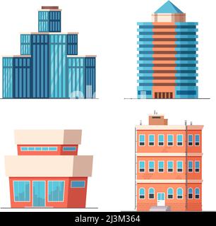 Bureaux de dessin animé, gratte-ciels modernes, tours et maisons avec appartements. Architecture de ville d'affaires Illustration de Vecteur