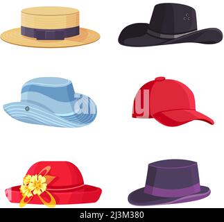 Coiffures de dessins animés. Chapeau de paille de plage, fedora, casquette de baseball. Différentes têtes de lit colorées pour l'homme et la femme Illustration de Vecteur