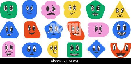 Formes abstraites avec faces. Personnages de mascotte d'art de clip de dessin animé avec drôles de smiley rétro drôles. Formes de bandes dessinées vectorielles Illustration de Vecteur