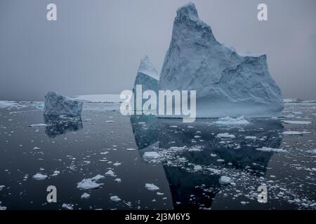 Icebergs reflétés dans l'eau calme du chenal Lemaire; Antarctique Banque D'Images