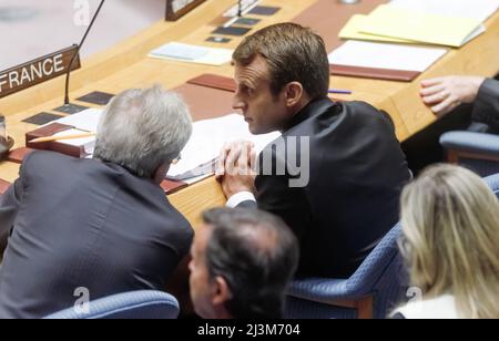 New York, États-Unis. 20th septembre 2017. Le président français Emmanuel Macron assiste au débat au sommet du Conseil de sécurité de l'ONU: Réformes dans le domaine du maintien de la paix de l'ONU: Mise en œuvre et autres mesures. (Credit image: © Mykhaylo Palinchak/SOPA Images via ZUMA Press Wire)