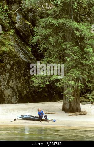 Un kayakiste repose sur une plage de sable sous un gros arbre sur la rivière Lochsa.; rivière Lochsa, Idaho. Banque D'Images