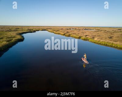 Une paddle boarder se trouve à travers le marais salé de la réserve naturelle nationale de Plumtree. ; Poquoson, Virginie, Virginie, États-Unis Banque D'Images