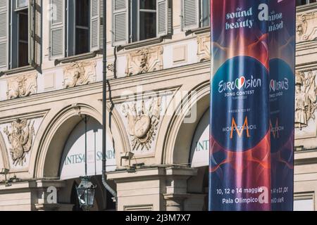 Affiche du concours Eurovision Music Song 2022 à Turin, au centre de la Piazza San Carlo, dans le centre de Turin Banque D'Images