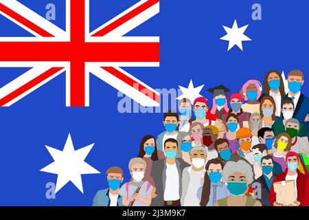 People Group Silhouette Crowd Hold Australia Flag Illustration Banque D'Images