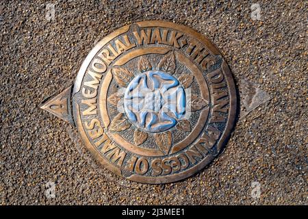 Londres, Royaume-Uni - 26 mars 2022 : marqueur de bronze avec rose blanche sur le trottoir d'un sentier de Hyde Park. Memorial Walk pour Diana Princess of Wales Banque D'Images