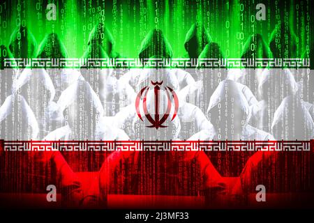 Pirates anonymes à capuchon, drapeau de l'Iran, code binaire - concept de cyber-attaque Banque D'Images