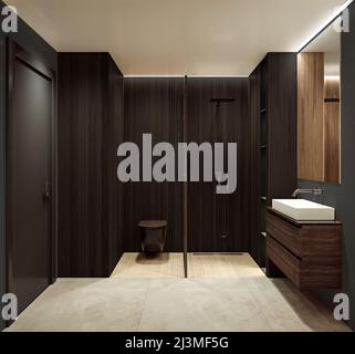 Décoration intérieure moderne avec douche, murs en bois de noyer, miroir rectangulaire et meuble-lavabo, concept minimaliste et propre, 3D éléments Banque D'Images