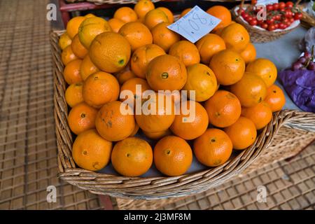 Beaucoup de fruits orange frais dans un grand panier en osier sur le marché traditionnel des fruits à Funchal, île de Madère, Portugal Banque D'Images