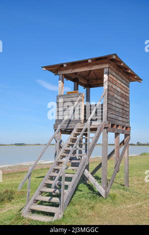 Tour d'observation pour l'observation des oiseaux au lac de sel Lange Lacke, parc national Seewinkel, Neusiedler See, Burgenland, Autriche Banque D'Images