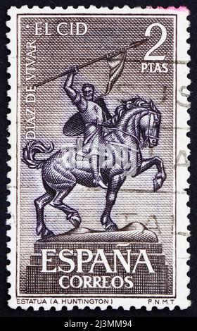 ESPAGNE - VERS 1962 : un timbre imprimé en Espagne montre la statue équestre d'El CID Campeador (Rodrigo Diaz de Vivar), héros national de l'Espagne, par Anna H. Banque D'Images