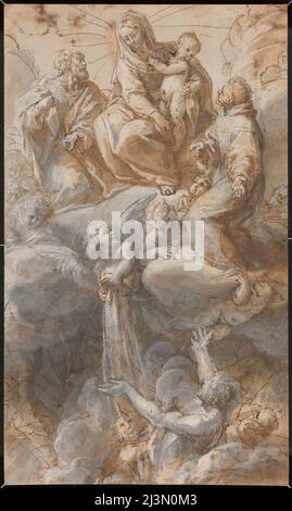 La Vierge et Saint Joseph avec Saint Anthony de Padoue assis dans les cieux, en intercession pour les âmes en purgatoire, tandis qu'un Ange verse le fluide d'un vase sur la foule en dessous (recto et verso), 1690/1710. Banque D'Images